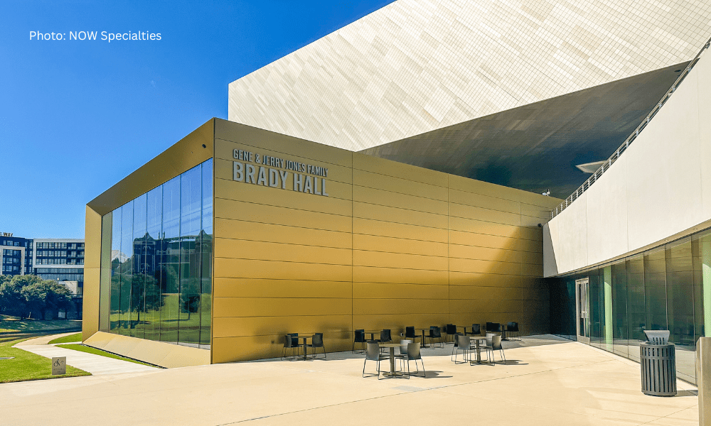 Closeup of Brady Hall clad with custom Gold ALPOLIC MCM