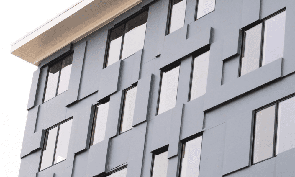 ALPOLIC Matte Blue MCM clads Hoboken residential building - facade close up