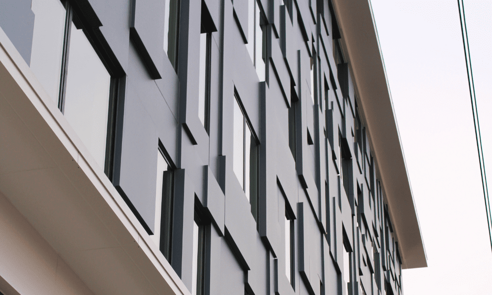 ALPOLIC Matte Blue MCM clads Hoboken residential building - side view of facade