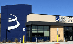 Front view of Bellco Credit Union with Blue and Charcoal ALPOLIC MCM