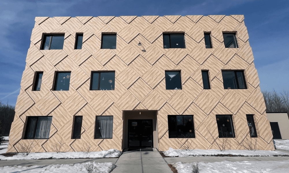 Front view of Everlasting Tree School, clad with Japanese Birch ALPOLIC MCM