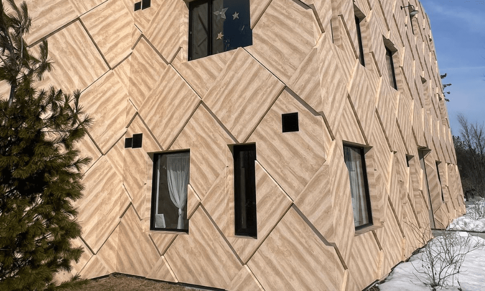 Corner view of Everlasting Tree School, clad with Japanese Birch ALPOLIC MCM
