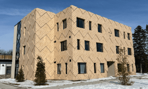 Left side view of Everlasting Tree School, clad with Japanese Birch ALPOLIC MCM