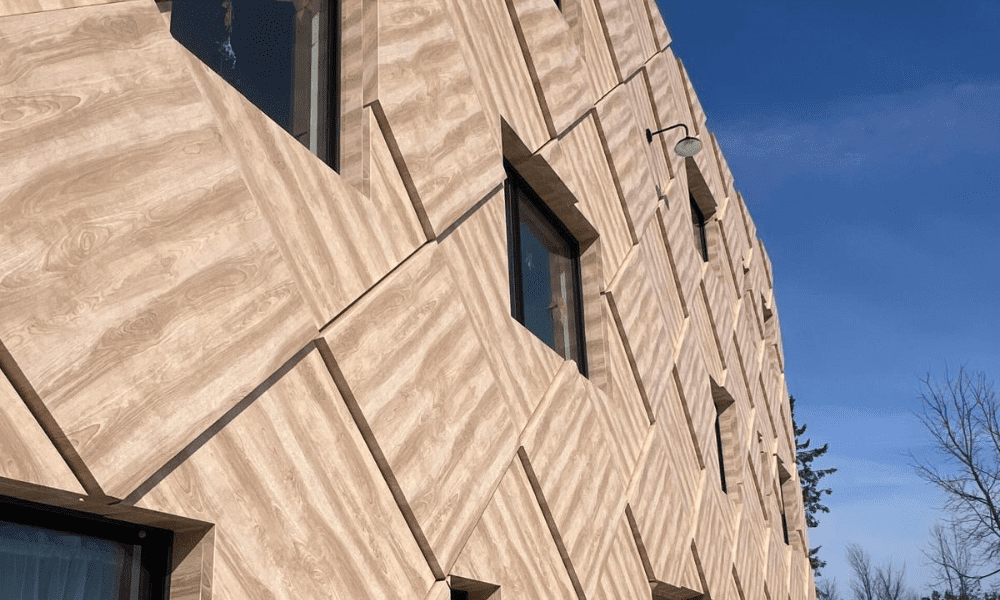 Closeup of Japanese Birch ALPOLIC cladding school building