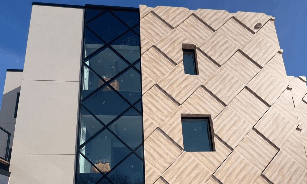 Close up of Everlasting Tree School, clad with Japanese Birch ALPOLIC MCM