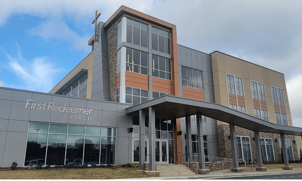 Front entrance to First Redeemer Church with ALPOLIC MCM cladding