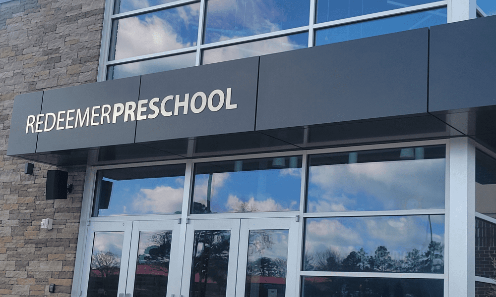 Entry canopy of Preschool entrance clad with ALPOLIC Bronze MCM